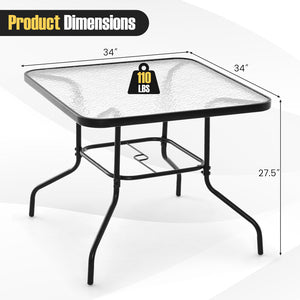 Spacious enough for 4 people to relax together<br>Tempered glass tabletop is elegant and easy to maintain<br>Heavy-duty metal frame offers strong support<br>Curved legs for higher stability<br>1.5" umbrella hole is perfect for most patio umbrellas<br>Suit