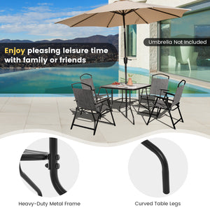Spacious enough for 4 people to relax together<br>Tempered glass tabletop is elegant and easy to maintain<br>Heavy-duty metal frame offers strong support<br>Curved legs for higher stability<br>1.5" umbrella hole is perfect for most patio umbrellas<br>Suit