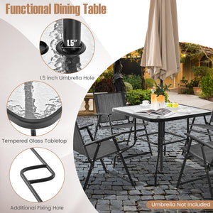 Spacious enough for 4 people to relax together<br>Tempered glass tabletop is elegant and easy to maintain<br>Heavy-duty metal frame offers strong support<br>Curved legs for higher stability<br>1.5" umbrella hole is perfect for most patio umbrellas<br>Suit