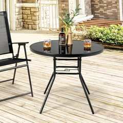 34" round tabletop accommodates up to 4 people<br>Tabletop made of tempered glass for more elegance and easy maintenance<br>1.5" umbrella suits for most patio umbrellas (umbrella not included)<br>Extra umbrella hole for higher stability of patio umbrella<