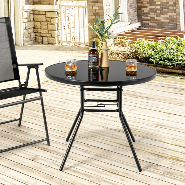 34" round tabletop accommodates up to 4 people<br>Tabletop made of tempered glass for more elegance and easy maintenance<br>1.5" umbrella suits for most patio umbrellas (umbrella not included)<br>Extra umbrella hole for higher stability of patio umbrella<