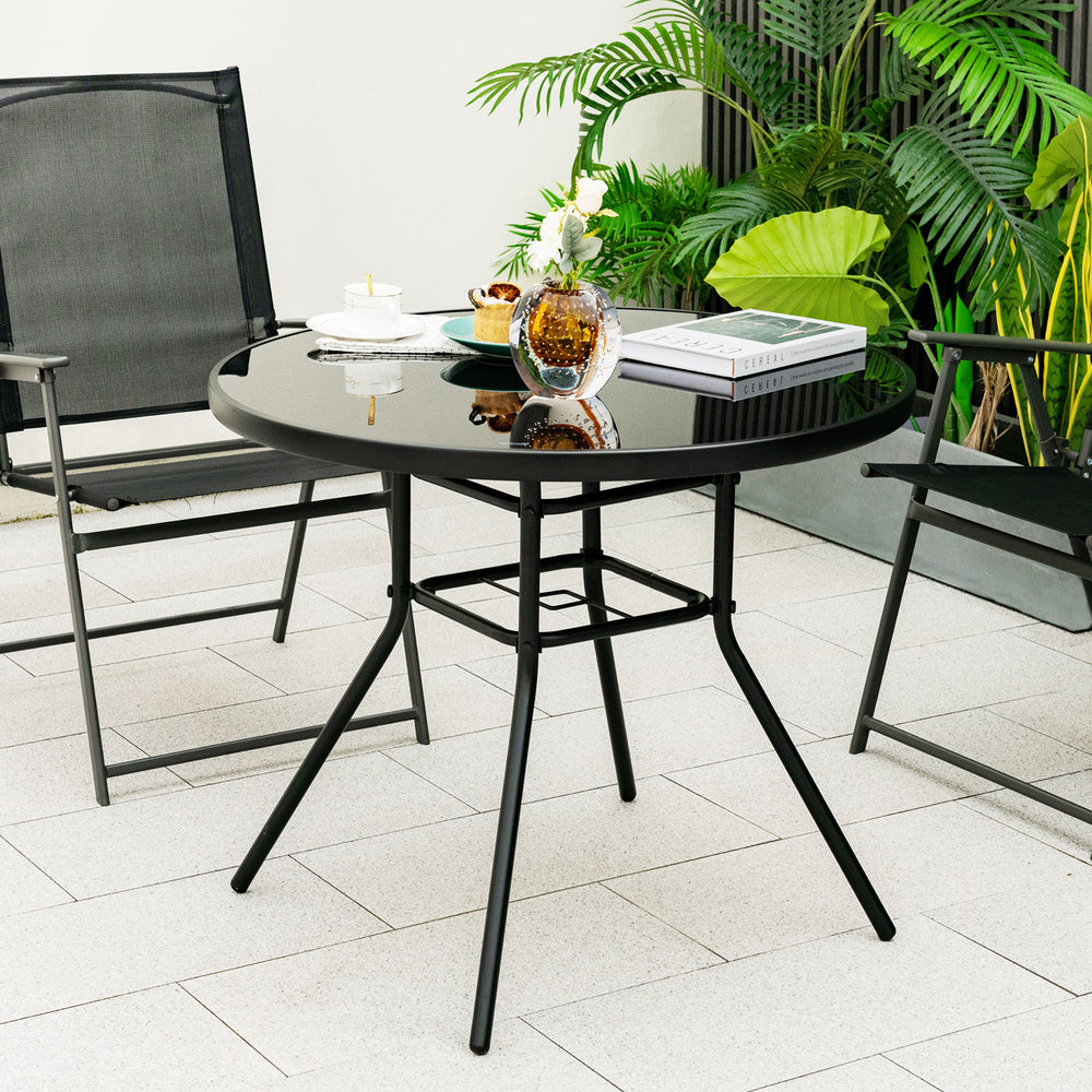 34" round tabletop accommodates up to 4 people<br>Tabletop made of tempered glass for more elegance and easy maintenance<br>1.5" umbrella suits for most patio umbrellas (umbrella not included)<br>Extra umbrella hole for higher stability of patio umbrella<
