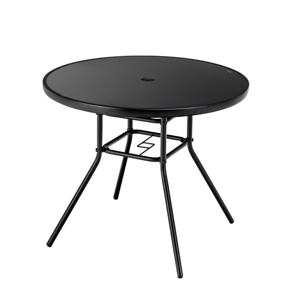 34" round tabletop accommodates up to 4 people<br>Tabletop made of tempered glass for more elegance and easy maintenance<br>1.5" umbrella suits for most patio umbrellas (umbrella not included)<br>Extra umbrella hole for higher stability of patio umbrella<