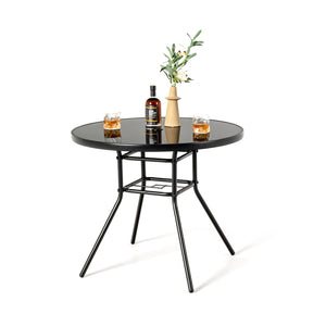 34" round tabletop accommodates up to 4 people<br>Tabletop made of tempered glass for more elegance and easy maintenance<br>1.5" umbrella suits for most patio umbrellas (umbrella not included)<br>Extra umbrella hole for higher stability of patio umbrella<