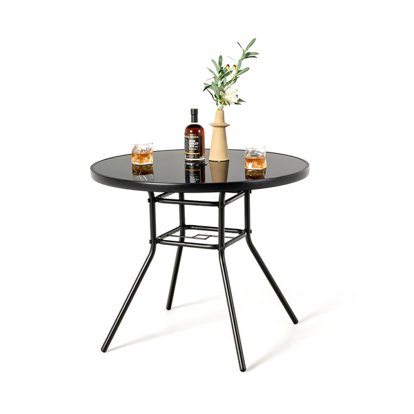 34" round tabletop accommodates up to 4 people<br>Tabletop made of tempered glass for more elegance and easy maintenance<br>1.5" umbrella suits for most patio umbrellas (umbrella not included)<br>Extra umbrella hole for higher stability of patio umbrella<