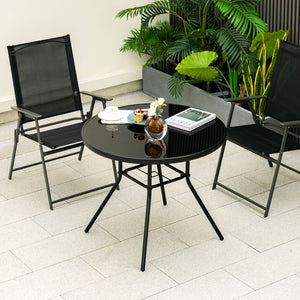 34" round tabletop accommodates up to 4 people<br>Tabletop made of tempered glass for more elegance and easy maintenance<br>1.5" umbrella suits for most patio umbrellas (umbrella not included)<br>Extra umbrella hole for higher stability of patio umbrella<
