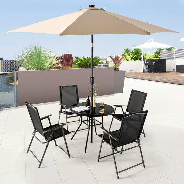 34" round tabletop accommodates up to 4 people<br>Tabletop made of tempered glass for more elegance and easy maintenance<br>1.5" umbrella suits for most patio umbrellas (umbrella not included)<br>Extra umbrella hole for higher stability of patio umbrella<