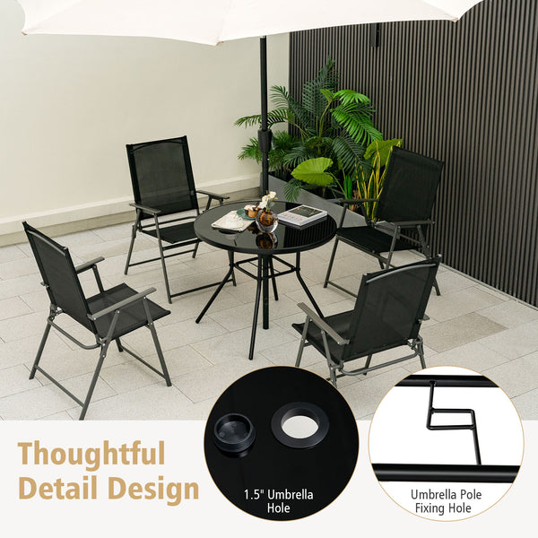 34" round tabletop accommodates up to 4 people<br>Tabletop made of tempered glass for more elegance and easy maintenance<br>1.5" umbrella suits for most patio umbrellas (umbrella not included)<br>Extra umbrella hole for higher stability of patio umbrella<