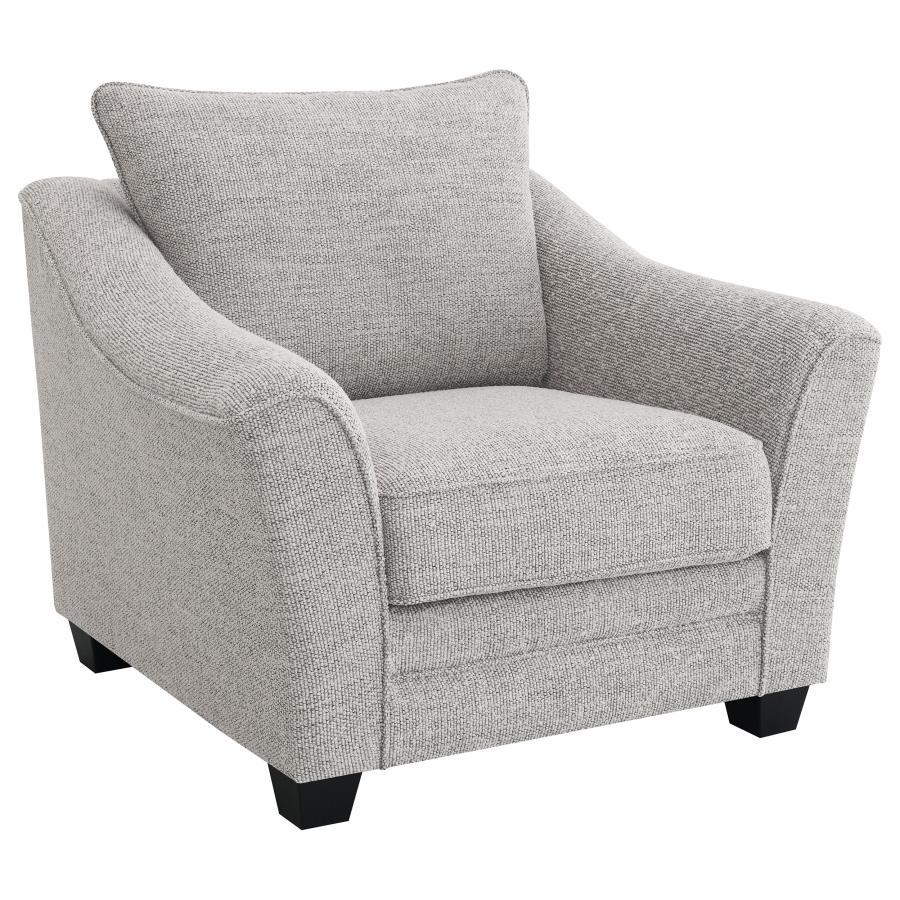 Cozy up in this well-tailored modern accent armchair, perfect for a living room seating area. The chair boasts a textured boucle fabric, offering impeccable texture and on-trend appeal, perfect for camouflaging wear. Its sloped arms, reminiscent of a chic