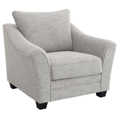 Cozy up in this well-tailored modern accent armchair, perfect for a living room seating area. The chair boasts a textured boucle fabric, offering impeccable texture and on-trend appeal, perfect for camouflaging wear. Its sloped arms, reminiscent of a chic