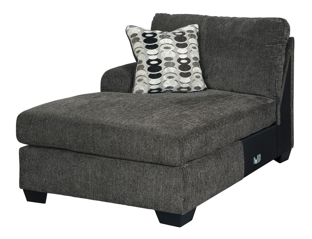 This left-arm facing corner chaise is made with polyester upholstery. Pairs with other items in the series to make a sectional.<br><br><b>Additional Dimensions</b><br><ul><li>Arm height: 25-"</li><li>Leg height: 3.5-"</li><li>Minimum width of doorway for 