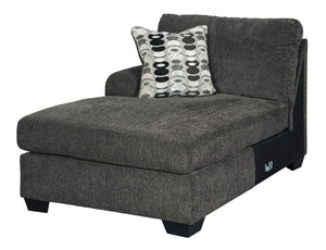 This left-arm facing corner chaise is made with polyester upholstery. Pairs with other items in the series to make a sectional.<br><br><b>Additional Dimensions</b><br><ul><li>Arm height: 25-"</li><li>Leg height: 3.5-"</li><li>Minimum width of doorway for 