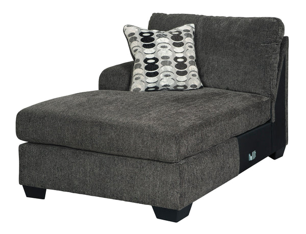 This left-arm facing corner chaise is made with polyester upholstery. Pairs with other items in the series to make a sectional.<br><br><b>Additional Dimensions</b><br><ul><li>Arm height: 25-"</li><li>Leg height: 3.5-"</li><li>Minimum width of doorway for 