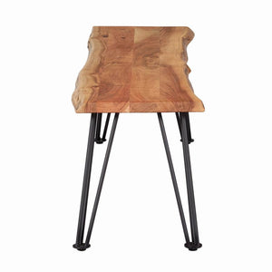  the bench top features an exposed wood grain with slight distressing. Contrasting against this warmth is the 