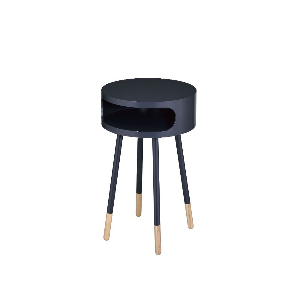This Sonria round end table offers a contemporary take on a stylish retro design, ideal for your living room, family room, or bedroom! With its one shelf, you can conveniently store remote controls or other small items in the open compartment. The natural