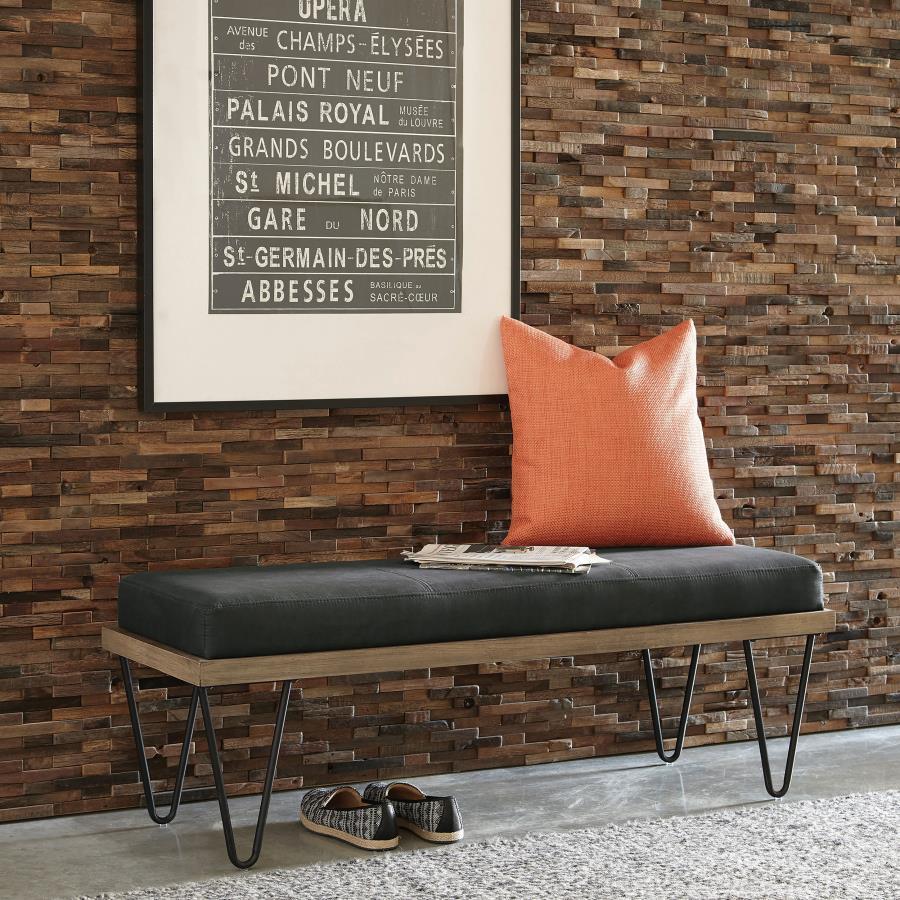 Accessorize a casual space in charming style. This bench provides utility as a seating venue as it snazzes up the carefree elegance of a transitional room or entryway. Retro-look hairpin legs support a dual-layer seat. Dark blue denim upholstery creates a