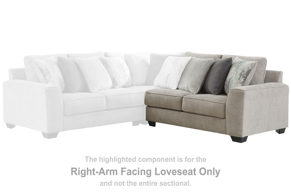 This right-arm facing loveseat is made with polyester upholstery. Pairs with other items in the series to make a sectional.<br><br><b>Additional Dimensions</b><br><ul><li>Arm height: 25-"</li><li>Leg height: 3-"</li><li>Minimum width of doorway for delive