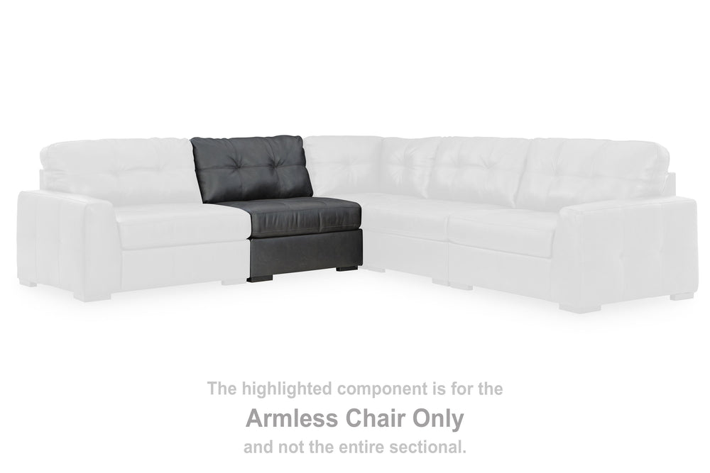 This armless chair is made with a combination of 100% top grain leather and faux leather upholstery. Fully finished on all sides, it pairs with other items in the series to make a modular sectional.<br><br><b>Additional Dimensions</b><br><ul><li>Seat dept