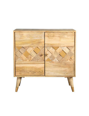 Enhance your space with the natural charm of this two-door accent cabinet, crafted from solid mango wood in a warm natural finish. The checkered woodgrain pattern across the cabinet doors creates a striking visual effect, blending rustic and modern aesthe