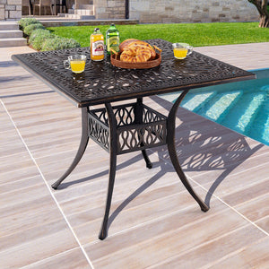 Spacious enough for 4 people to sit around<br>Large tabletop is perfect for multiple items<br>Cast aluminum structure for high stability and durability<br>Adjustable footpads and retaining room strengthen the structure<br>Designed with a 2" umbrella hole 