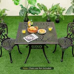 Spacious enough for 4 people to sit around<br>Large tabletop is perfect for multiple items<br>Cast aluminum structure for high stability and durability<br>Adjustable footpads and retaining room strengthen the structure<br>Designed with a 2" umbrella hole 