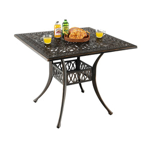 Spacious enough for 4 people to sit around<br>Large tabletop is perfect for multiple items<br>Cast aluminum structure for high stability and durability<br>Adjustable footpads and retaining room strengthen the structure<br>Designed with a 2" umbrella hole 