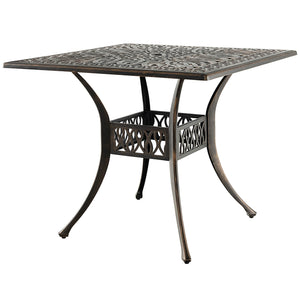 Spacious enough for 4 people to sit around<br>Large tabletop is perfect for multiple items<br>Cast aluminum structure for high stability and durability<br>Adjustable footpads and retaining room strengthen the structure<br>Designed with a 2" umbrella hole 