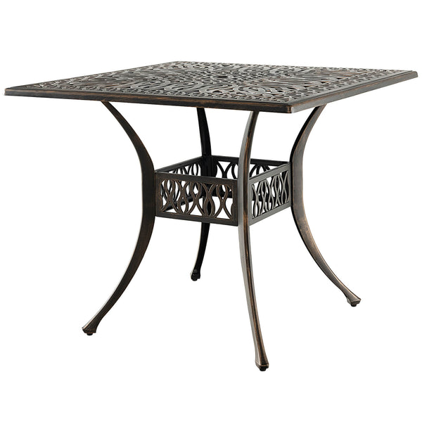 Spacious enough for 4 people to sit around<br>Large tabletop is perfect for multiple items<br>Cast aluminum structure for high stability and durability<br>Adjustable footpads and retaining room strengthen the structure<br>Designed with a 2" umbrella hole 