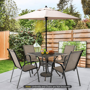 Spacious enough for 4 people to sit around<br>Large tabletop is perfect for multiple items<br>Cast aluminum structure for high stability and durability<br>Adjustable footpads and retaining room strengthen the structure<br>Designed with a 2" umbrella hole 