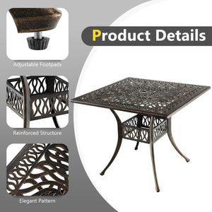 Spacious enough for 4 people to sit around<br>Large tabletop is perfect for multiple items<br>Cast aluminum structure for high stability and durability<br>Adjustable footpads and retaining room strengthen the structure<br>Designed with a 2" umbrella hole 