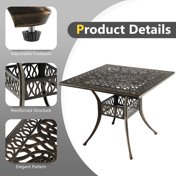 Spacious enough for 4 people to sit around<br>Large tabletop is perfect for multiple items<br>Cast aluminum structure for high stability and durability<br>Adjustable footpads and retaining room strengthen the structure<br>Designed with a 2" umbrella hole 