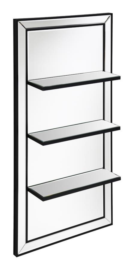 Present decor, bedroom essentials, and more along this modern glam wall mirror. Designed with an elongated, vertical mounting silhouette, this elegant wall mirror offers three narrow shelves to keep anything from perfumes to family photos. Covered entirel
