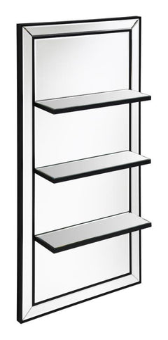 Present decor, bedroom essentials, and more along this modern glam wall mirror. Designed with an elongated, vertical mounting silhouette, this elegant wall mirror offers three narrow shelves to keep anything from perfumes to family photos. Covered entirel