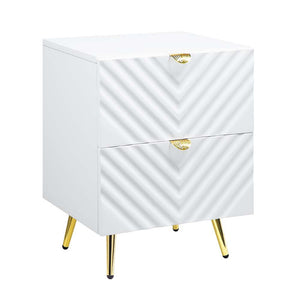 The Gaines Collection is a glamorous and sophisticated grouping that adds a chic style to any room. The white gloss finish and gold metal accents help to accentuate the clean lines of the pieces and add a pop of glamour. The diagonal line design adds visu
