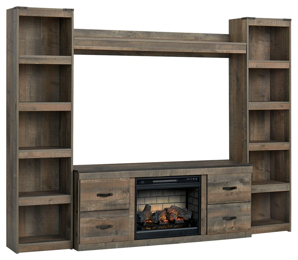 Entertain a rugged yet refined sense of style with this entertainment center. Its rustic finish and plank-style details pay homage to reclaimed barn wood, while faux metal banding with nailhead accents infuses a touch of industrial cool. Ultra-clean lines