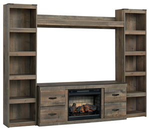 Entertain a rugged yet refined sense of style with this entertainment center. Its rustic finish and plank-style details pay homage to reclaimed barn wood, while faux metal banding with nailhead accents infuses a touch of industrial cool. Ultra-clean lines