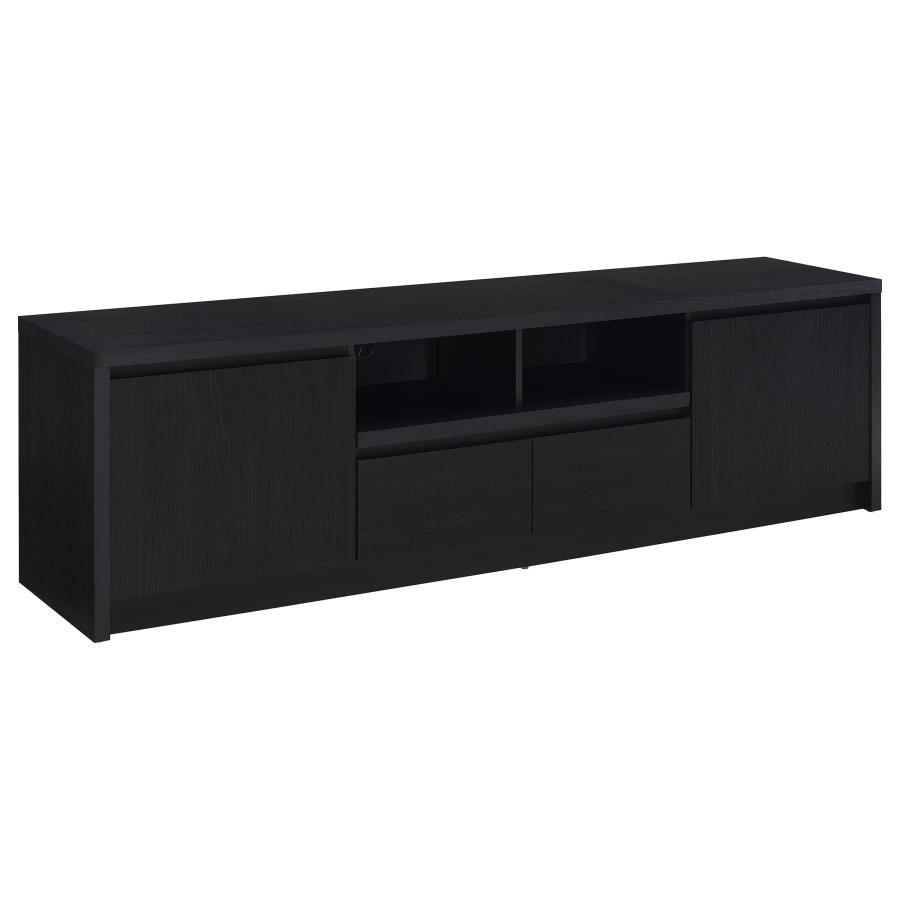 This sleek entertainment center combines a contemporary black finish with practical storage solutions. Made from durable engineered wood, itâ€™s topped with a scratch-resistant eco-friendly laminate veneer. The unit includes two cabinets for concealed sto