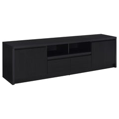 This sleek entertainment center combines a contemporary black finish with practical storage solutions. Made from durable engineered wood, itâ€™s topped with a scratch-resistant eco-friendly laminate veneer. The unit includes two cabinets for concealed sto