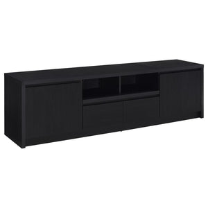 This sleek entertainment center combines a contemporary black finish with practical storage solutions. Made from durable engineered wood, itâ€™s topped with a scratch-resistant eco-friendly laminate veneer. The unit includes two cabinets for concealed sto