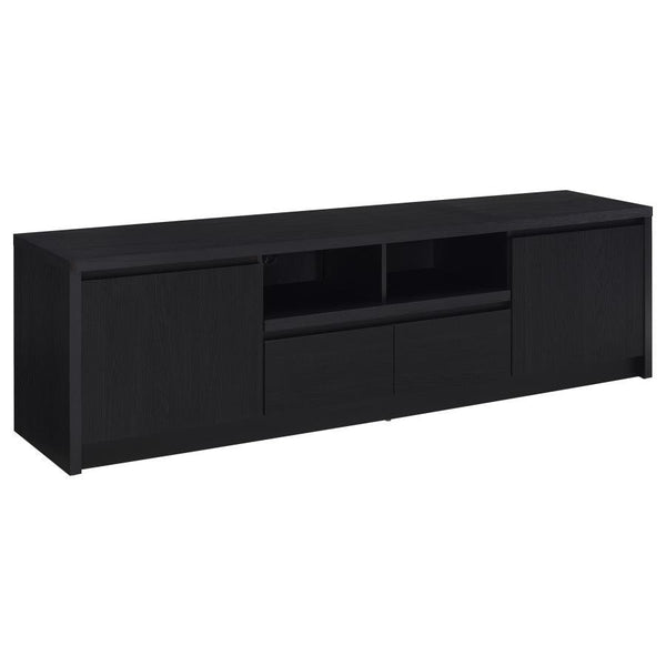 This sleek entertainment center combines a contemporary black finish with practical storage solutions. Made from durable engineered wood, itâ€™s topped with a scratch-resistant eco-friendly laminate veneer. The unit includes two cabinets for concealed sto