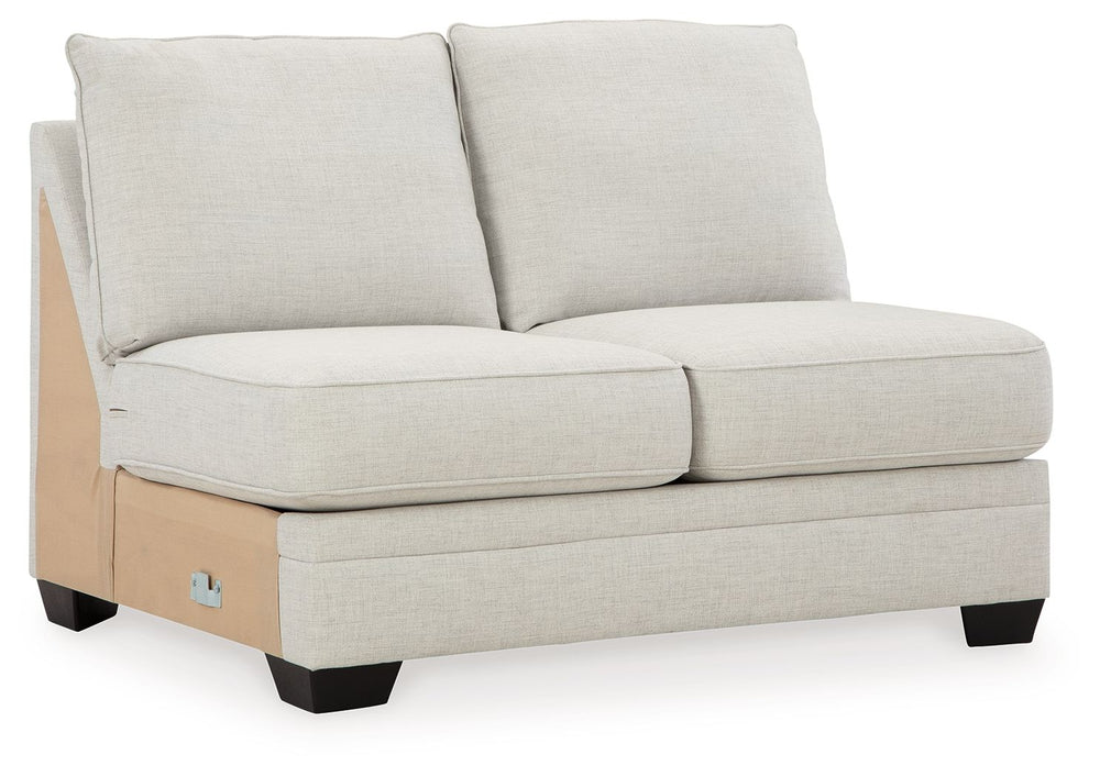 This armless loveseat is made with polyester/linen/viscose upholstery. Pairs with other items in the series to make a sectional.<br><br><b>Additional Dimensions</b><br><ul><li>Seat depth: 23-"</li><li>Seat height: 21-"</li><li>Top of cushion to top of bac