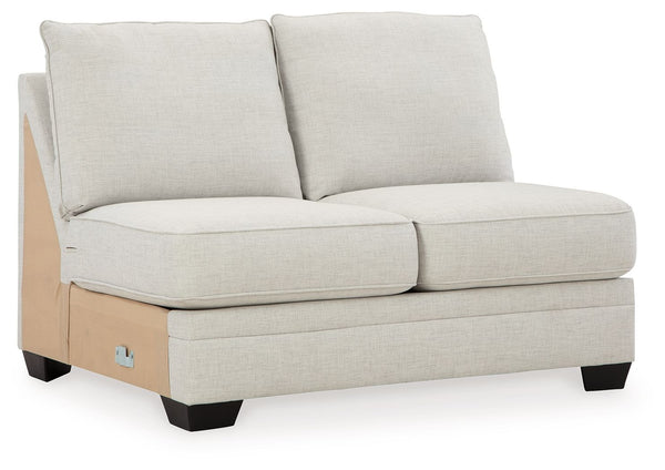 This armless loveseat is made with polyester/linen/viscose upholstery. Pairs with other items in the series to make a sectional.<br><br><b>Additional Dimensions</b><br><ul><li>Seat depth: 23-"</li><li>Seat height: 21-"</li><li>Top of cushion to top of bac