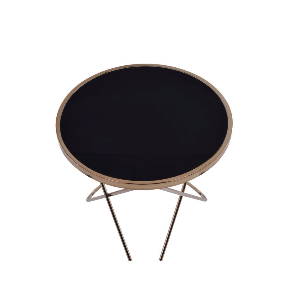 Update your living room with a functional art piece. The Valora end table uses a mid-century inspired base finished in champagne and supports a framed black glass top. The finish and black glass make for a sophisticated look.<br/><br/><b>Product Features<
