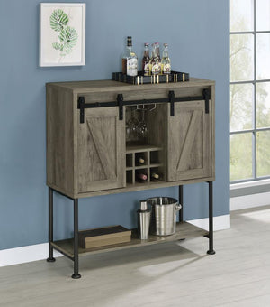 this bar cabinet features a light grey driftwood finish that is charming and cheerful. Place this bar cabinet in a rustic farmhouse home