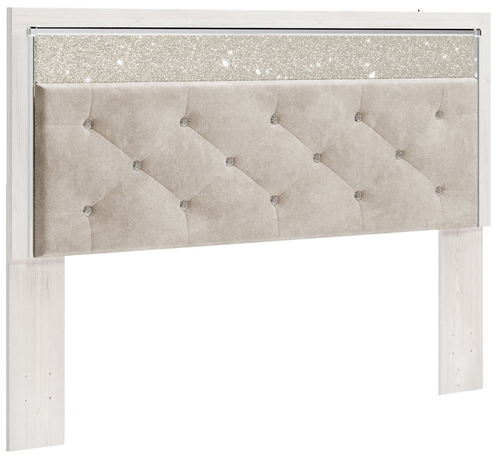 The epitome of fashion-forward design, this king/California king upholstered panel headboard is a beautiful blend of comfort and luxury. Shiny chrome-tone accents, a pearlized finish and button-tufted upholstery bring a glam touch to the richly rustic app