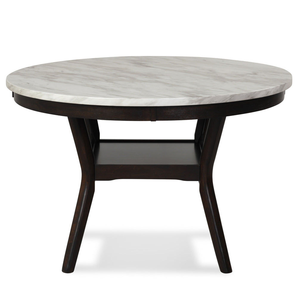 The 48â€ Round Celeste Dining Table is meticulously crafted for enduring quality with solid Rubberwood legs and durable manufactured wood components. The heat and water-resistant faux marble top, finished with a glossy coat, not only adds a touch of cont
