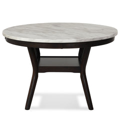 The 48â€ Round Celeste Dining Table is meticulously crafted for enduring quality with solid Rubberwood legs and durable manufactured wood components. The heat and water-resistant faux marble top, finished with a glossy coat, not only adds a touch of cont