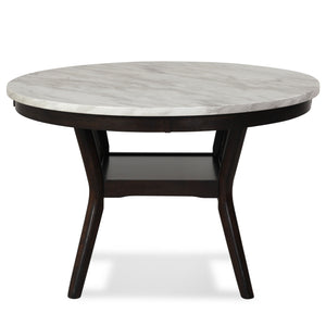 The 48â€ Round Celeste Dining Table is meticulously crafted for enduring quality with solid Rubberwood legs and durable manufactured wood components. The heat and water-resistant faux marble top, finished with a glossy coat, not only adds a touch of cont