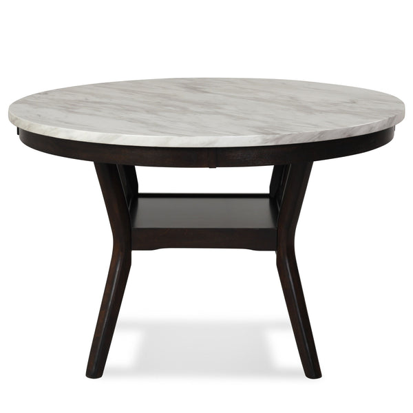 The 48â€ Round Celeste Dining Table is meticulously crafted for enduring quality with solid Rubberwood legs and durable manufactured wood components. The heat and water-resistant faux marble top, finished with a glossy coat, not only adds a touch of cont