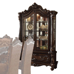 Curio Cabinet Arched Top: Touch Light & 2 Glass Doors (3 Glass Shelves & Back Mirror Inside) Base: 1 Drw Oversized Scrolled Trim, Leaf Crown and Post-Leg (Poly Resin with Antique Contrast Finish) Drawer: GLIDE Side Metal, DT French, Felt-Lined Included<br
